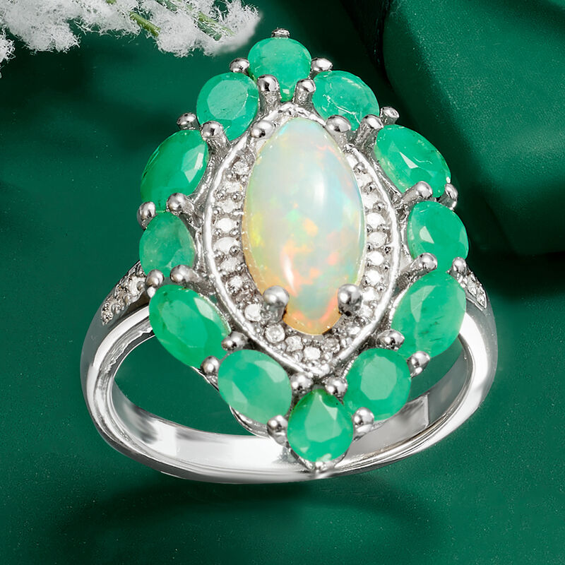 Opal and 1.80 ct. t.w. Emerald Marquise-Shaped Ring with .17 ct. t.w. Diamonds in Sterling Silver image number 4
