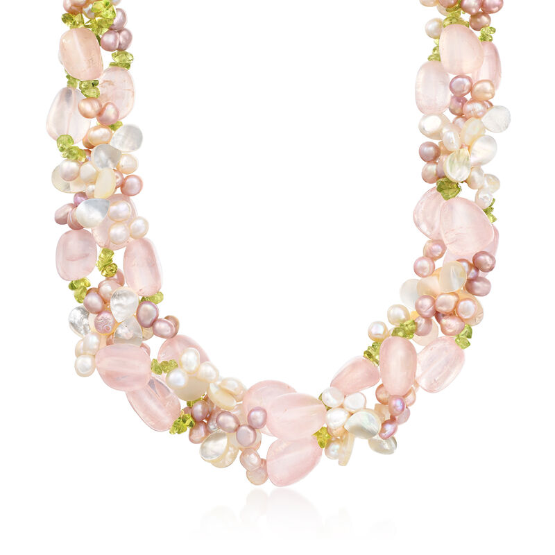 Mother-of-Pearl, 4-6mm Multicolored Cultured Pearl and 430.00 ct. t.w. Multi-Gemstone Bead Torsade Necklace with Sterling Silver. 19&quot; image number 1