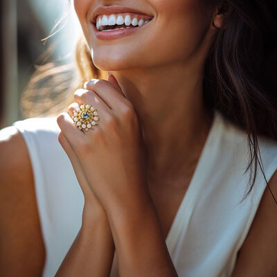 .90 Carat Swiss Blue Topaz and .40 ct. t.w. White Zircon Ring with 4-4.5mm Cultured Pearls in 18kt Gold Over Sterling