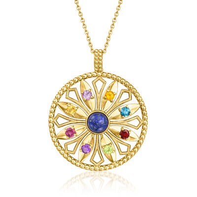 Lapis and .60 ct. t.w. Multi-Gemstone Flower Pendant Necklace in 18kt Gold Over Sterling