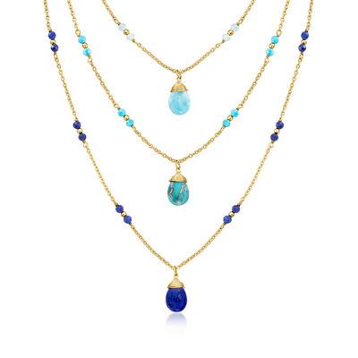 Multi-Gemstone Three-Strand Layered Necklace in 18kt Gold Over Sterling