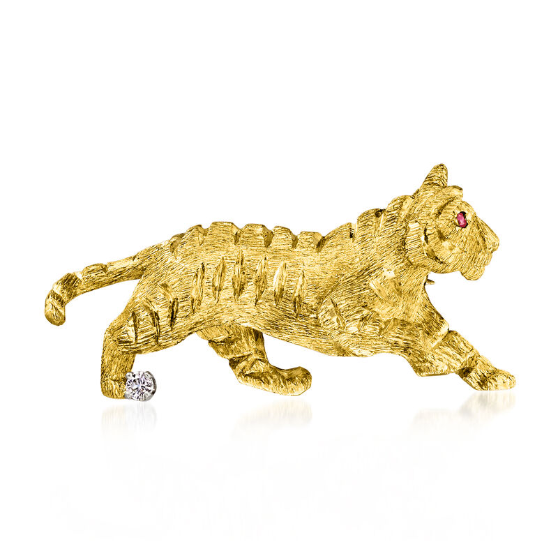 C. 1980 Vintage 18kt Yellow Gold Tiger Pin with Rubies and Single Diamond image number 0