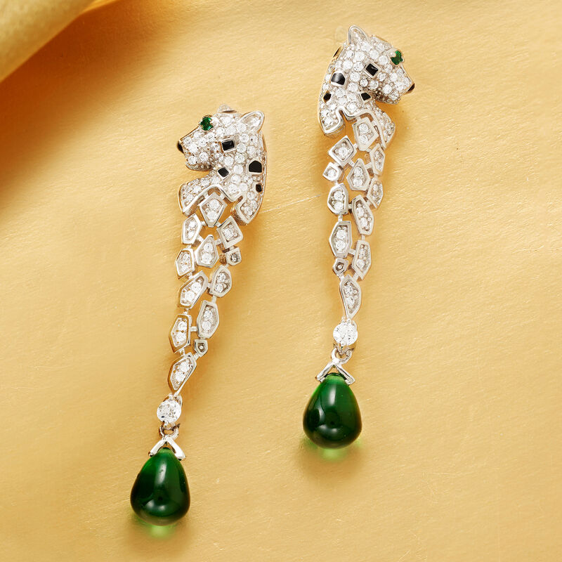 3.70 ct. t.w. Simulated Emerald and .80 ct. t.w. CZ Leopard Drop Earrings in Sterling Silver image number 2