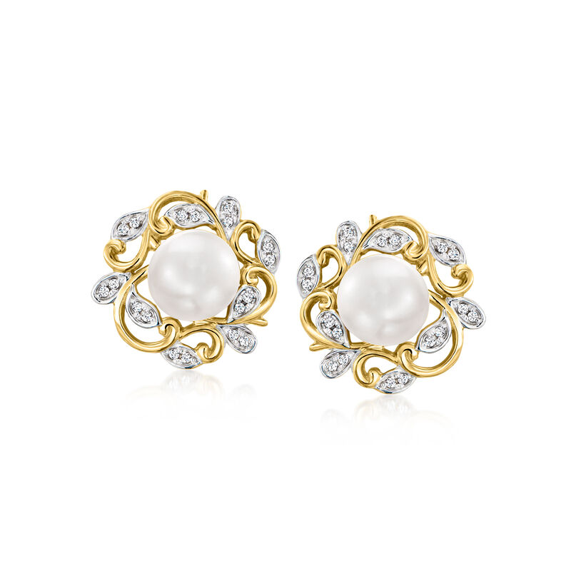 7-7.5mm Cultured Pearl and .10 ct. t.w. Diamond Leaf Earrings in 14kt Yellow Gold image number 0