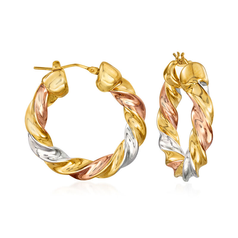 Italian Andiamo 14kt Tri-Colored Gold Twisted Hoop Earrings. 1 1/4&quot; image number 0