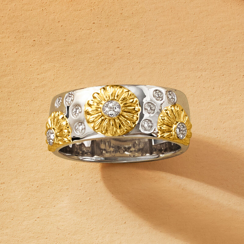 Diamond Sunflower Ring in Sterling Silver and 18kt Gold Over Sterling image number 5