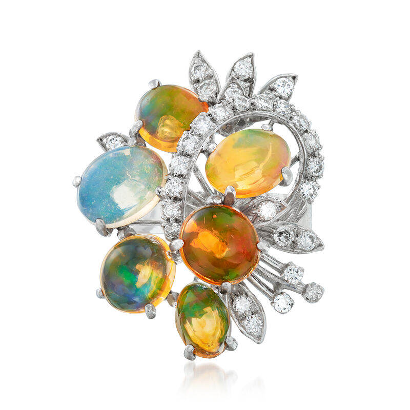 C. 1970 Vintage Multicolored Opal and .65 ct. t.w. Diamond Cocktail Ring in 18kt White Gold image number 0