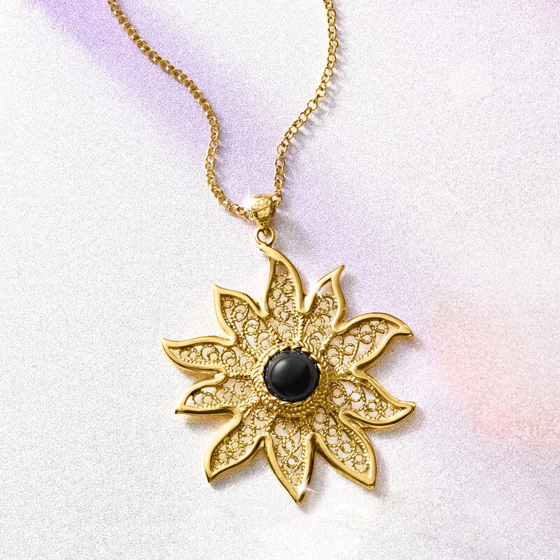 Onyx Filigree Flower Pendant Necklace in 18kt Gold Over Sterling. 18&quot; image number 2