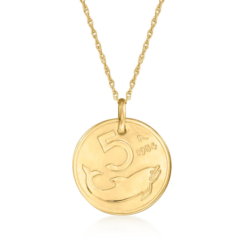 Italian 14kt Yellow Gold Replica 5-Lira Coin Pendant Necklace image number 2