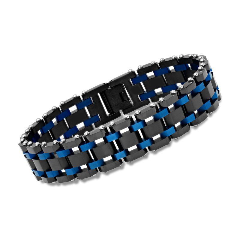 Men's Black and Blue Stainless Steel Railroad-Link Bracelet. 8.5&quot; image number 0