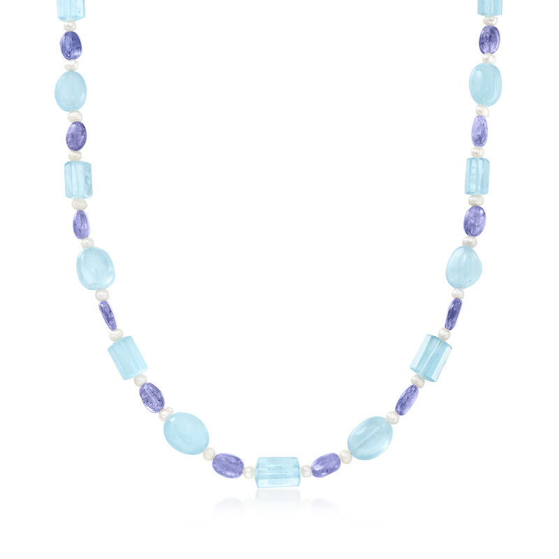 3-3.5mm Cultured Pearl and 74.00 ct. t.w. Multi-Gemstone Bead Necklace with 18kt Gold Over Sterling. 18" image number 1
