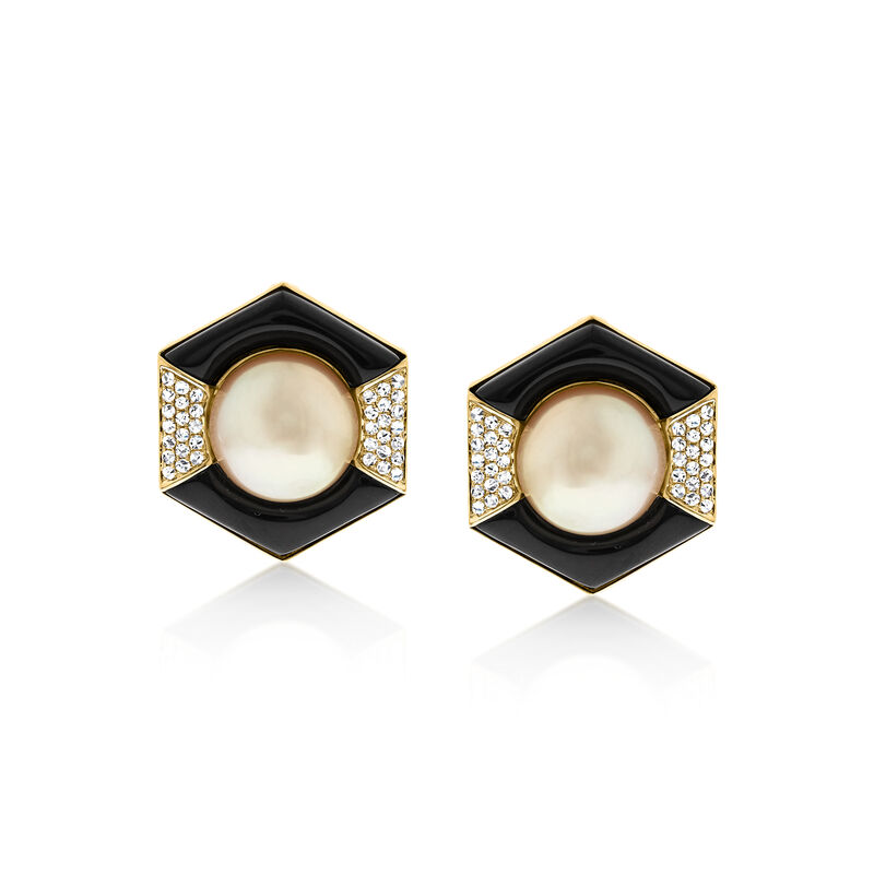 Onyx and 11-12mm Golden Cultured South Sea Pearl Earrings with .50 ct. t.w. Diamonds in 14kt Yellow Gold  image number 0