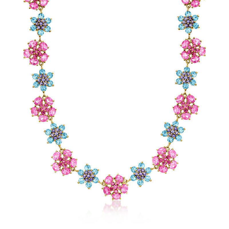 54.40 ct. t.w. Multi-Gemstone Flower Necklace in 18kt Gold Over Sterling. 17.5&quot; image number 1