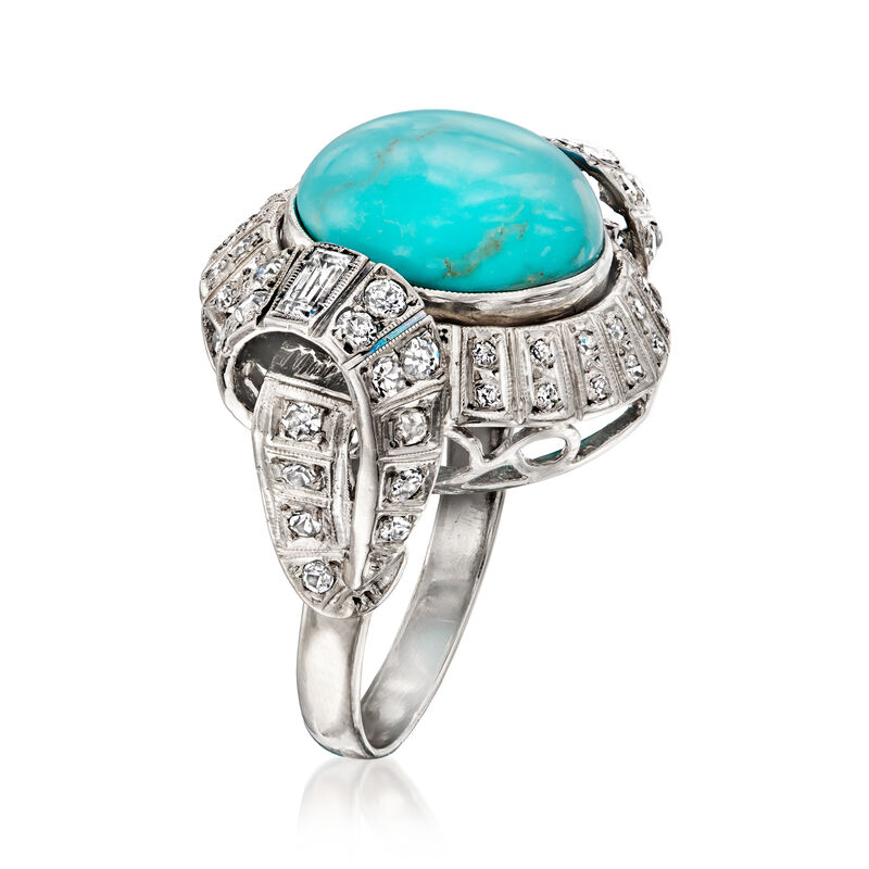 C. 1950 Vintage Turquoise Ring with 1.05 ct. t.w. Diamonds in 10kt White Gold. Size 7