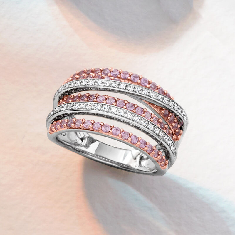 1.00 ct. t.w. Pink Sapphire and .15 ct. t.w. Diamond Highway Ring in Two-Tone Sterling Silver image number 6
