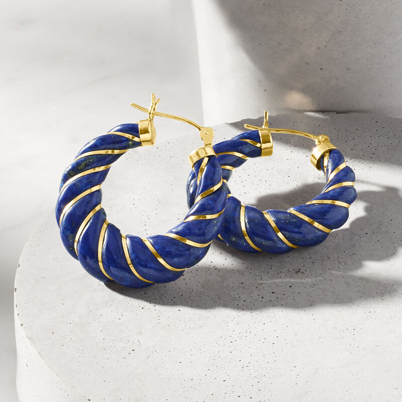 Carved Lapis Hoop Earrings with 14kt Yellow Gold. 1 1/8&quot; image number 2