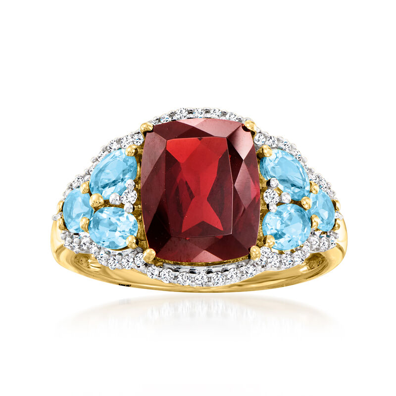 3.20 Carat Garnet and 1.00 ct. t.w. Swiss Blue Topaz Ring with .22 ct. t.w. Diamonds in 14kt Yellow Gold image number 0