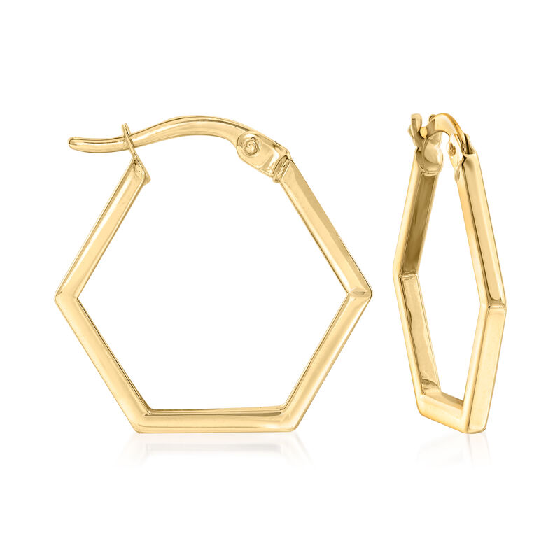 14kt Yellow Gold Hexagon Hoop Earrings. 3/4&quot; image number 0