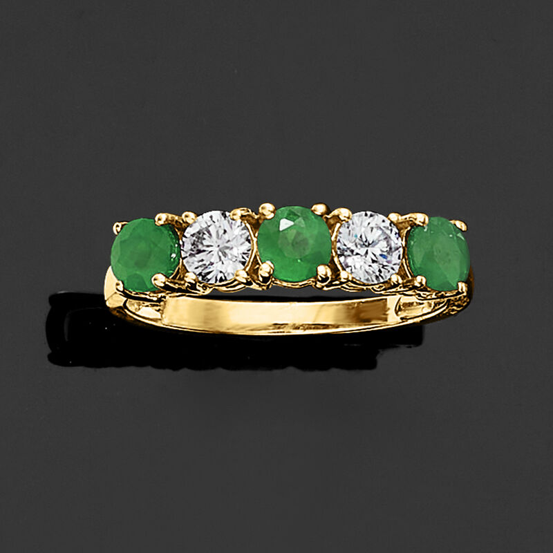 .60 ct. t.w. Emerald and .50 ct. t.w. Lab-Grown Diamond Ring in 14kt Yellow Gold image number 3