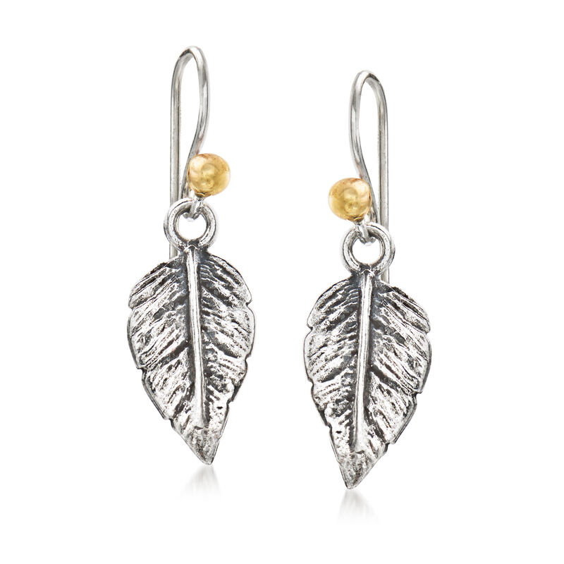 Sterling Silver Leaf Drop Earrings with 14kt Yellow Gold image number 0