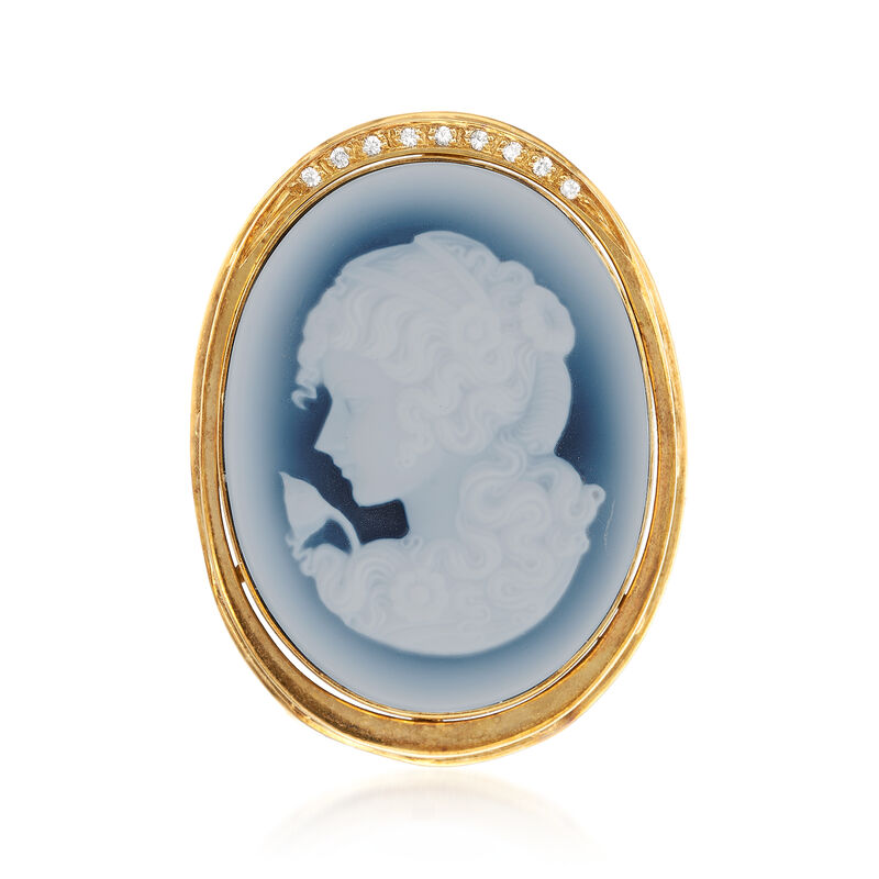 C. 1970 Vintage Agate and .10 ct. t.w. Diamond Cameo Pin in 14kt Yellow Gold image number 0