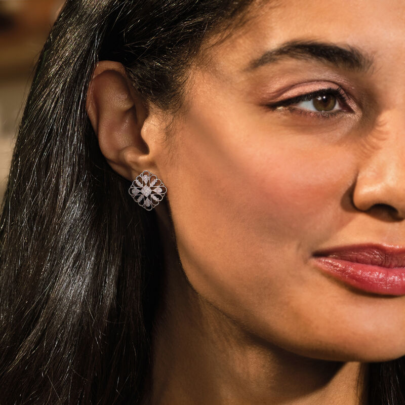 .25 ct. t.w. Diamond Jewelry Set: Geometric Floral Pendant Necklace and Earrings in Sterling Silver image number 2