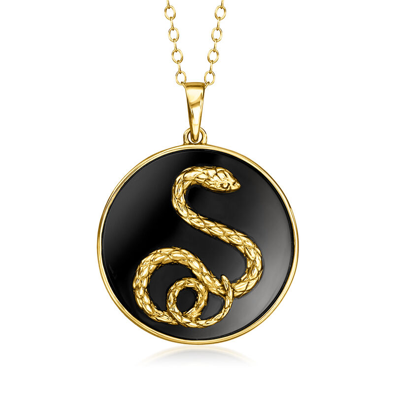 Black Agate Snake Pendant Necklace in 18kt Gold Over Sterling. 18&quot; image number 1