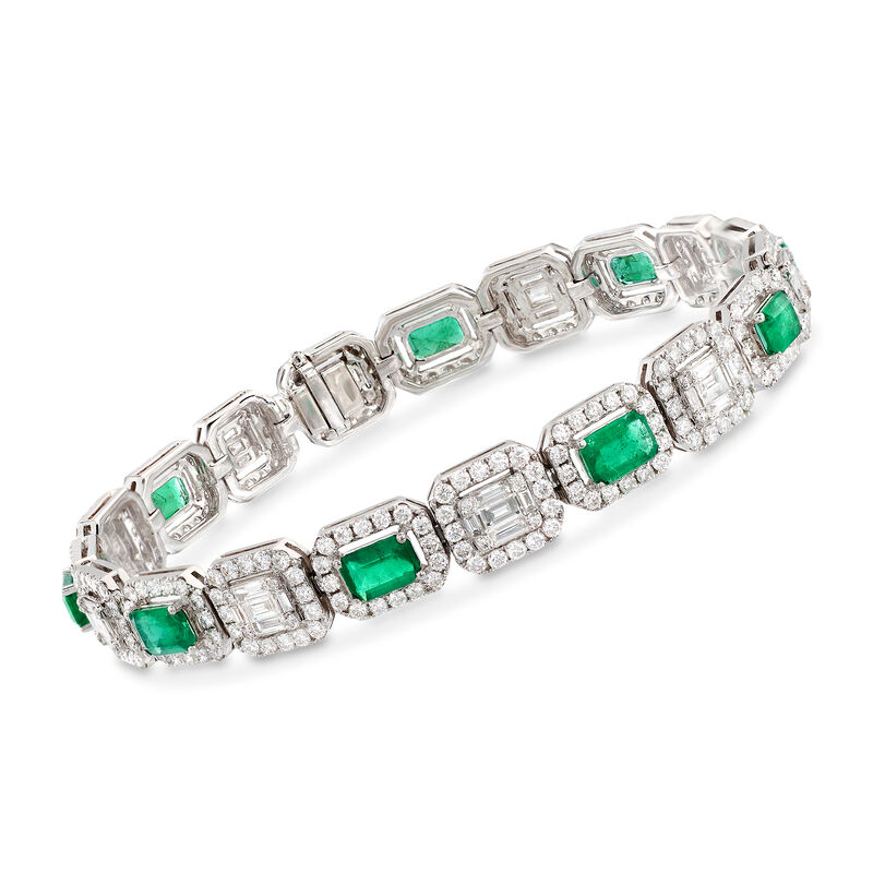 3.40 ct. t.w. Emerald and 5.08 ct. t.w. Diamond Mosaic Bracelet in 18kt White Gold. 7&quot; image number 0