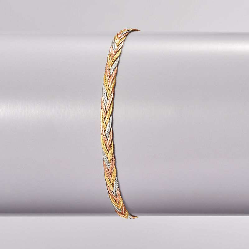 Italian 14kt Tri-Colored Gold Braided Herringbone Bracelet image number 2