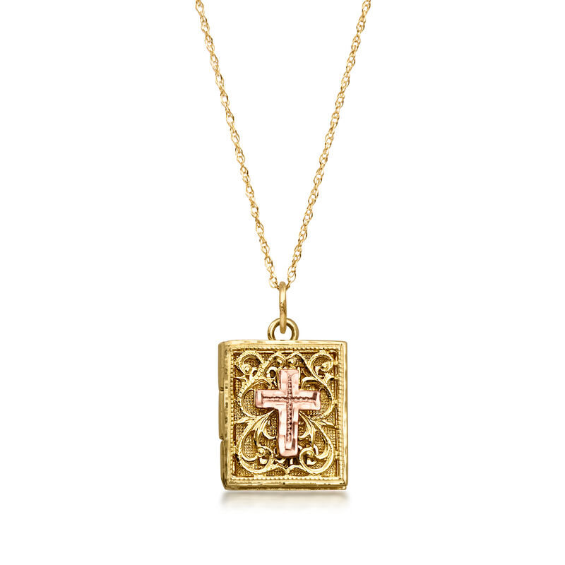 C. 1980 Vintage 14kt Two-Tone Gold Bible Pendant Necklace. 18" image number 0