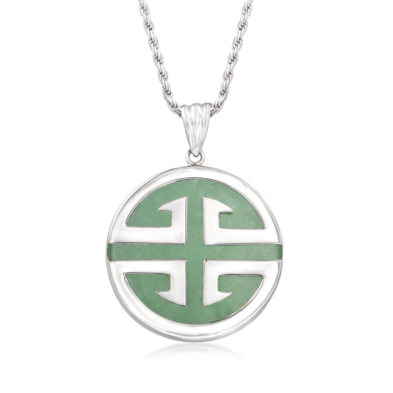 Jade &quot;Longevity&quot; Pendant Necklace in Sterling Silver image number 1