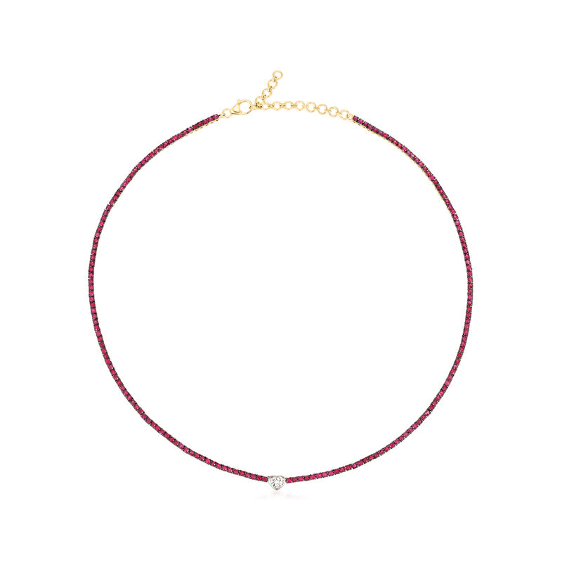 .32 Carat Heart-Shaped Diamond Choker Necklace with 6.25 ct. t.w. Rubies in 14kt Yellow Gold. 14&quot; image number 0