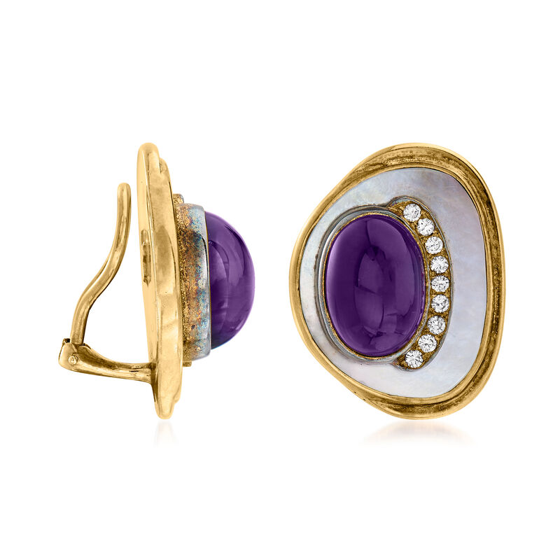 C. 1980 Vintage Mother-Of-Pearl, 9.00 ct. t.w. Amethyst and .50 ct. t.w. Diamond Clip-On Earrings in 18kt Yellow Gold image number 2