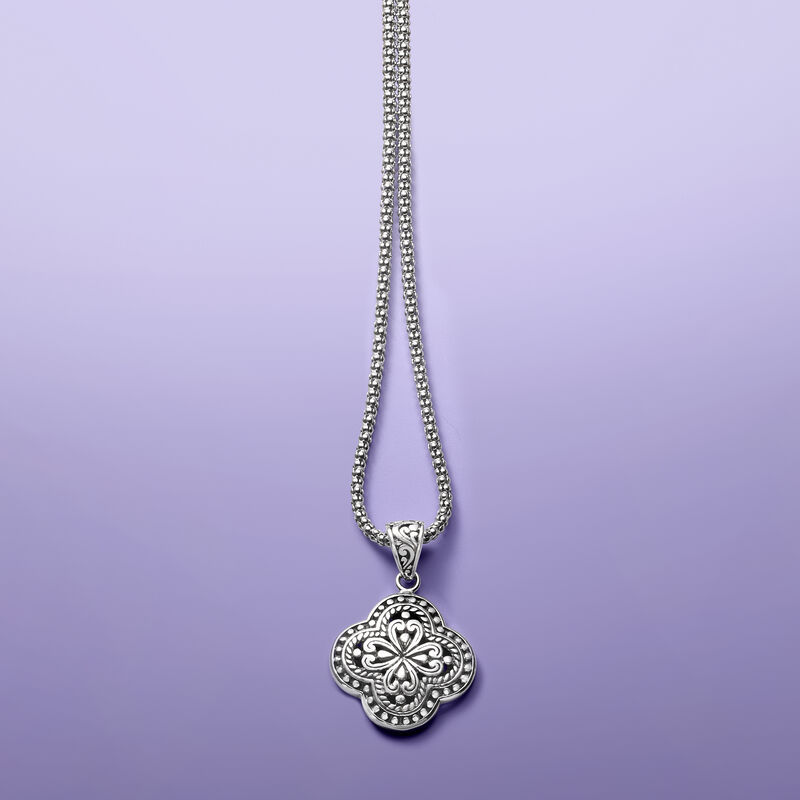 Sterling Silver Bali-Style Clover Pendant Necklace image number 2