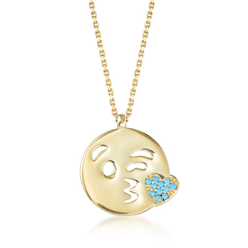 14kt Yellow Gold Over Sterling Kiss Emoji Necklace with Simulated Turquoise. 18&quot; image number 0