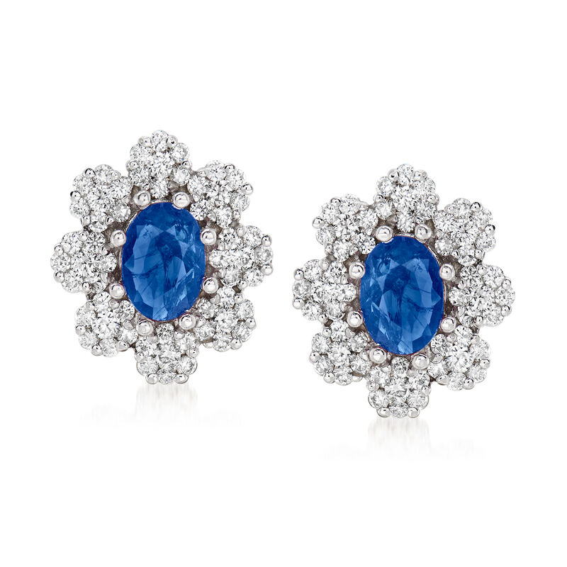 2.00 ct. t.w. Sapphire and 1.00 ct. t.w. Diamond Flower Earrings in 14kt White Gold image number 0