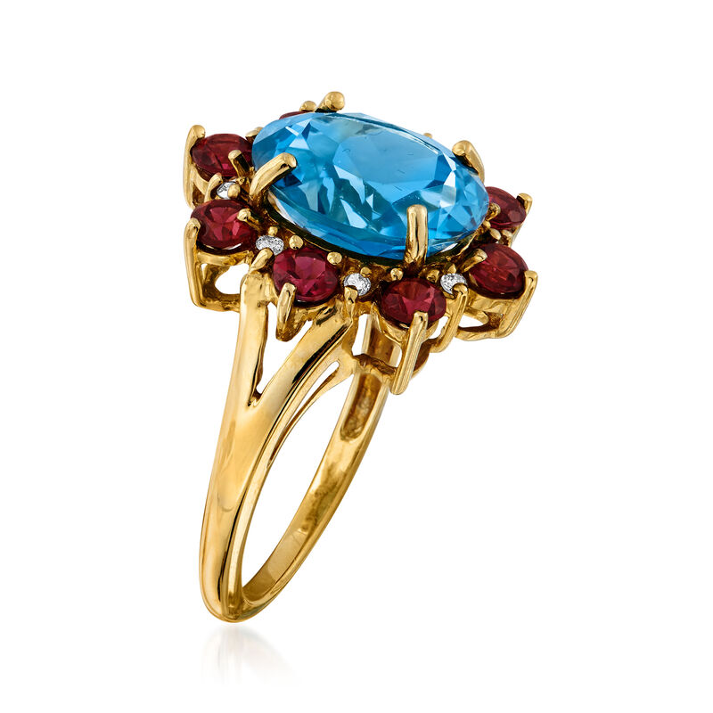 C. 1980 Vintage 5.00 Carat Blue Topaz and 1.20 ct. t.w. Rhodolite Garnet Ring with Diamond Accents in 14kt Yellow Gold. Size 6 image number 2