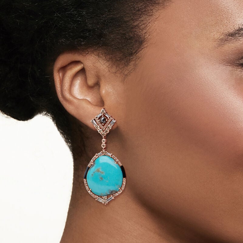 Turquoise and Onyx Drop Earrings with 3.29 ct. t.w. Multicolored Diamonds in 18kt Rose Gold image number 1