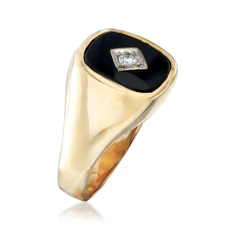 C. 1970 Vintage Men's Black Onyx and .12 Carat Diamond Ring in 14kt Yellow Gold image number 1