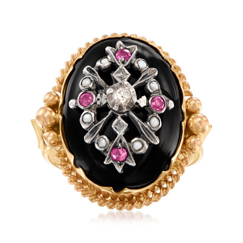 C. 1940 Vintage Black Onyx and .10 ct. t.w. Ruby Cocktail Ring with Seed Pearls and Diamond Accents in 14kt Yellow Gold. Size 7 image number 0