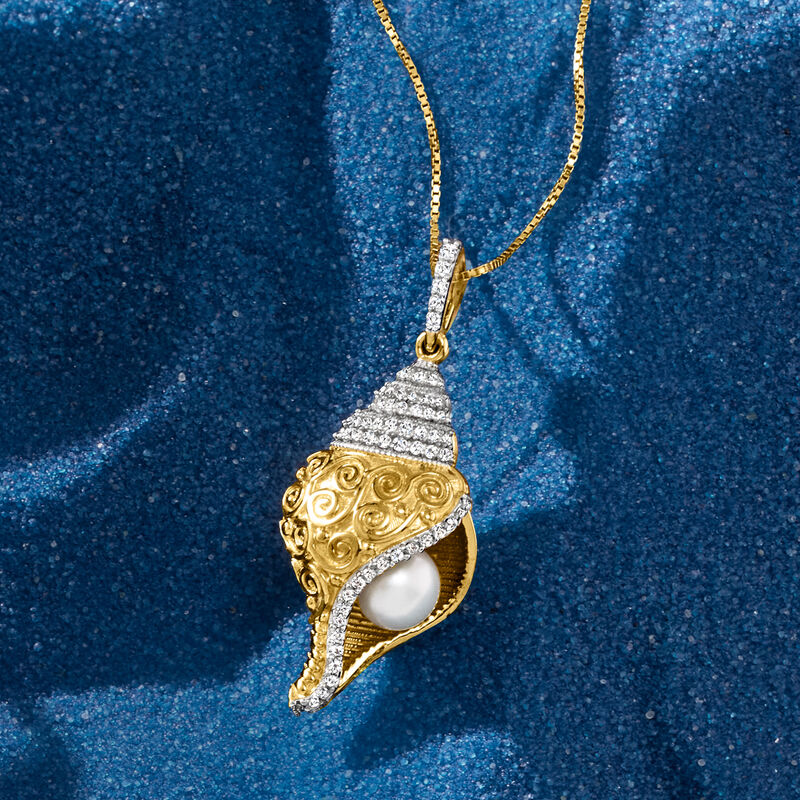 6mm Cultured Pearl and .40 ct. t.w. White Topaz Seashell Pendant Necklace in 18kt Gold Over Sterling. 18&quot; image number 3