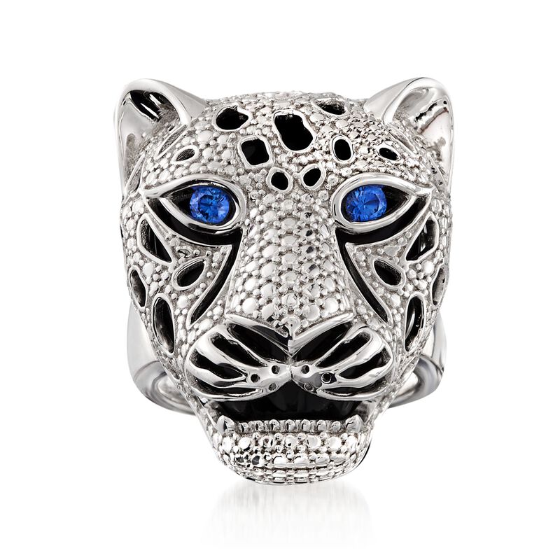 Black Onyx and .10 ct. t.w. Sapphire Panther Head Ring in Sterling Silver image number 0