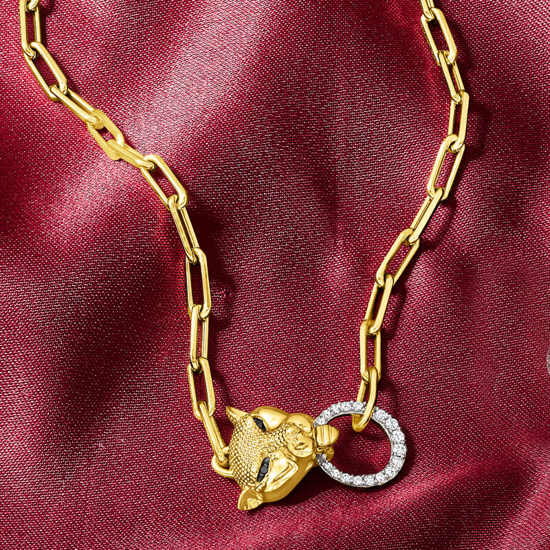 .15 ct. t.w. Black and White Diamond Panther Paper Clip Link Necklace in 18kt Gold Over Sterling image number 2