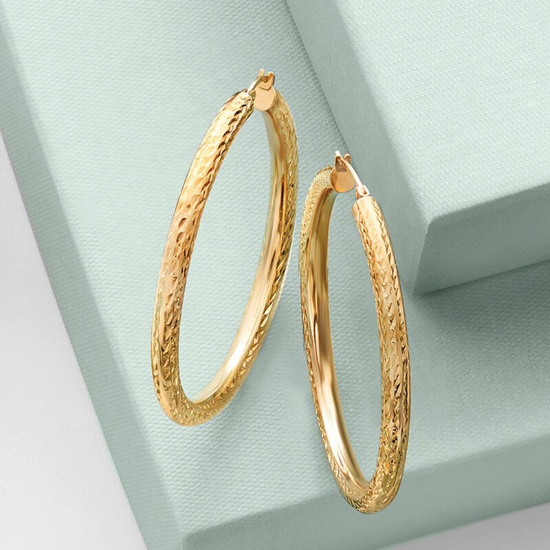 4mm 14kt Yellow Gold Diamond-Cut Hoop Earrings. 2&quot; image number 2
