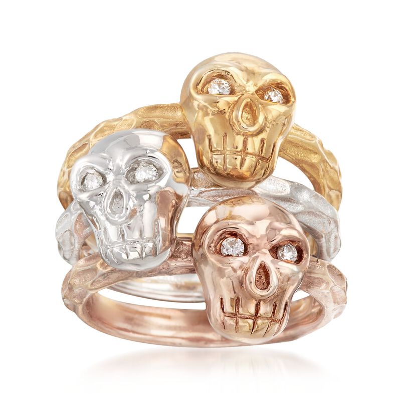 Tri-Colored Sterling Silver Skull Jewelry Set: Three Rings with .11 ct. t.w. Diamonds. Size 5 image number 2