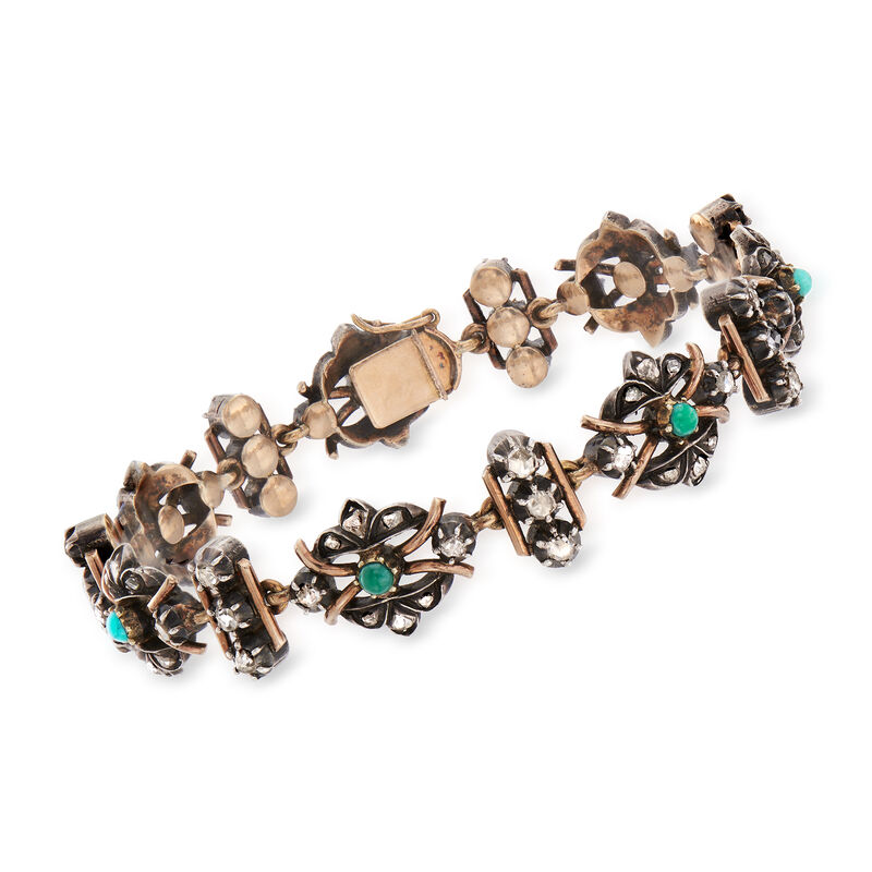 C. 1900 Vintage Turquoise and 2.20 ct. t.w. Diamond Bracelet in Sterling Silver and 18kt Yellow Gold image number 0