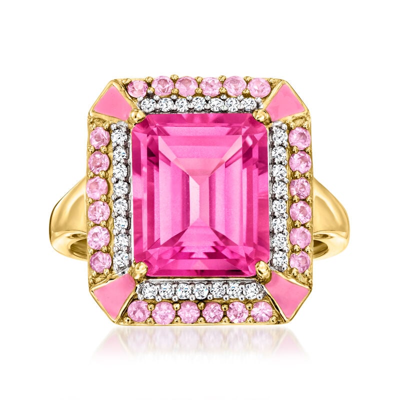 5.75 Carat Pink Topaz Ring with .50 ct. t.w. Pink Sapphires, .20 ct. t.w. White Zircons and Pink Enamel in 18kt Gold Over Sterling. Size 7 image number 0