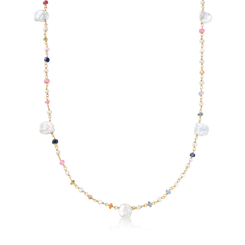 Cultured Semi-Baroque and Keshi Pearl Necklace with 5.00 ct. t.w. Multicolored Sapphires in 18kt Gold Over Sterling image number 0