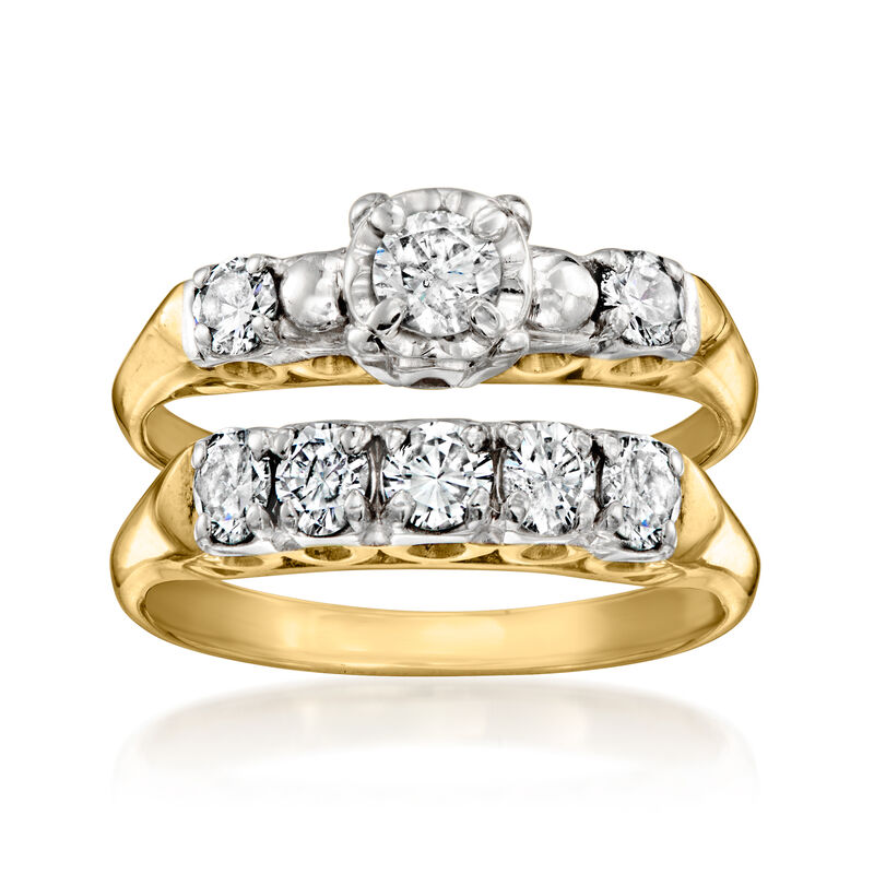 C. 1980 Vintage .95 ct. t.w. Diamond Jewelry Set: Engagement and Wedding Rings in 14kt Yellow Gold image number 0