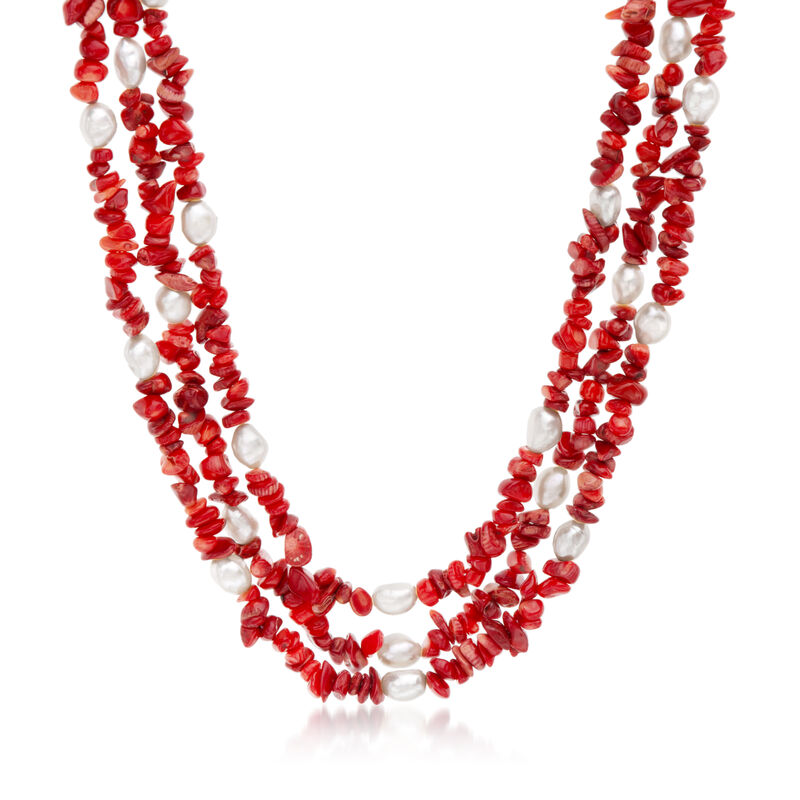 4-9mm Red Coral Bead and 7-8mm Cultured Pearl Three-Strand Necklace with Sterling Silver. 17.5&quot; image number 1